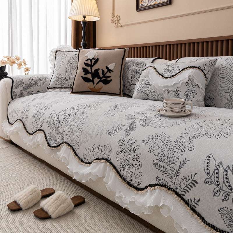 Durable Chenille Couch Cover with Scalloped Edge Non-Slip Modular Slipcover