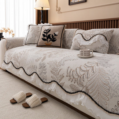 Durable Chenille Couch Cover with Scalloped Edge Non-Slip Modular Slipcover