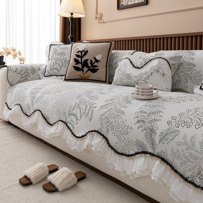 Durable Chenille Couch Cover with Scalloped Edge Non-Slip Modular Slipcover
