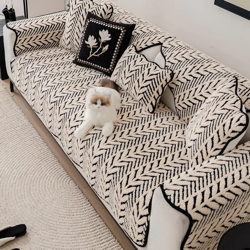 Thicken Stripe Plush Sofa Cover Cozy Warm Anti-slip Cushion Cover